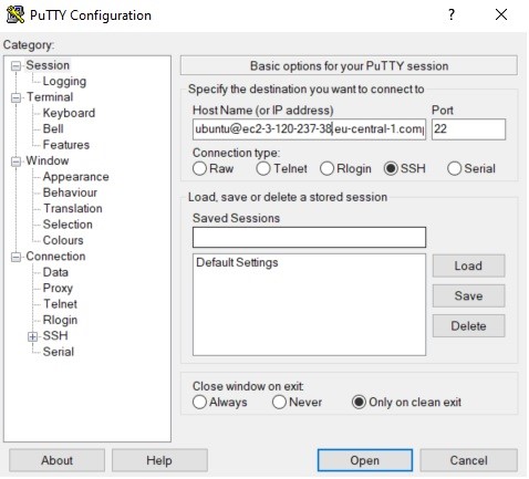 PuTTY main window with the hostname